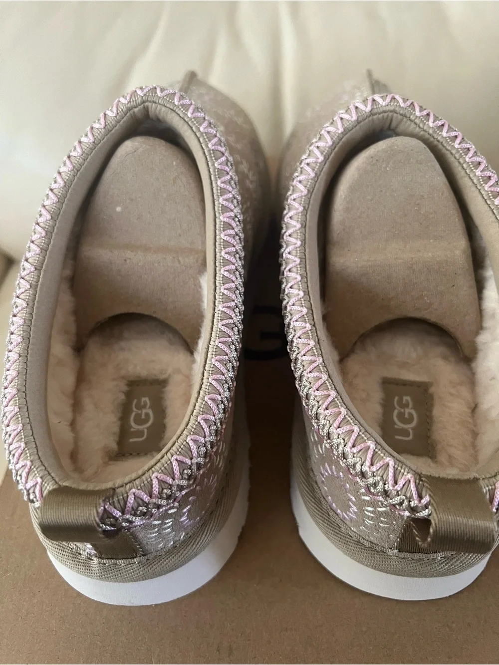 UGG Taupe Slip-On Clogs with Pink & White Embroidered Motifs